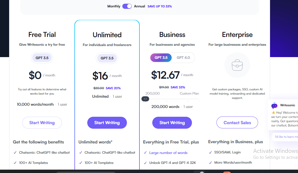 Pricing Structure Writesonic AI