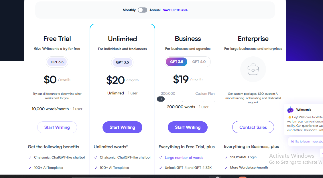 Pricing Structure Writesonic AI
