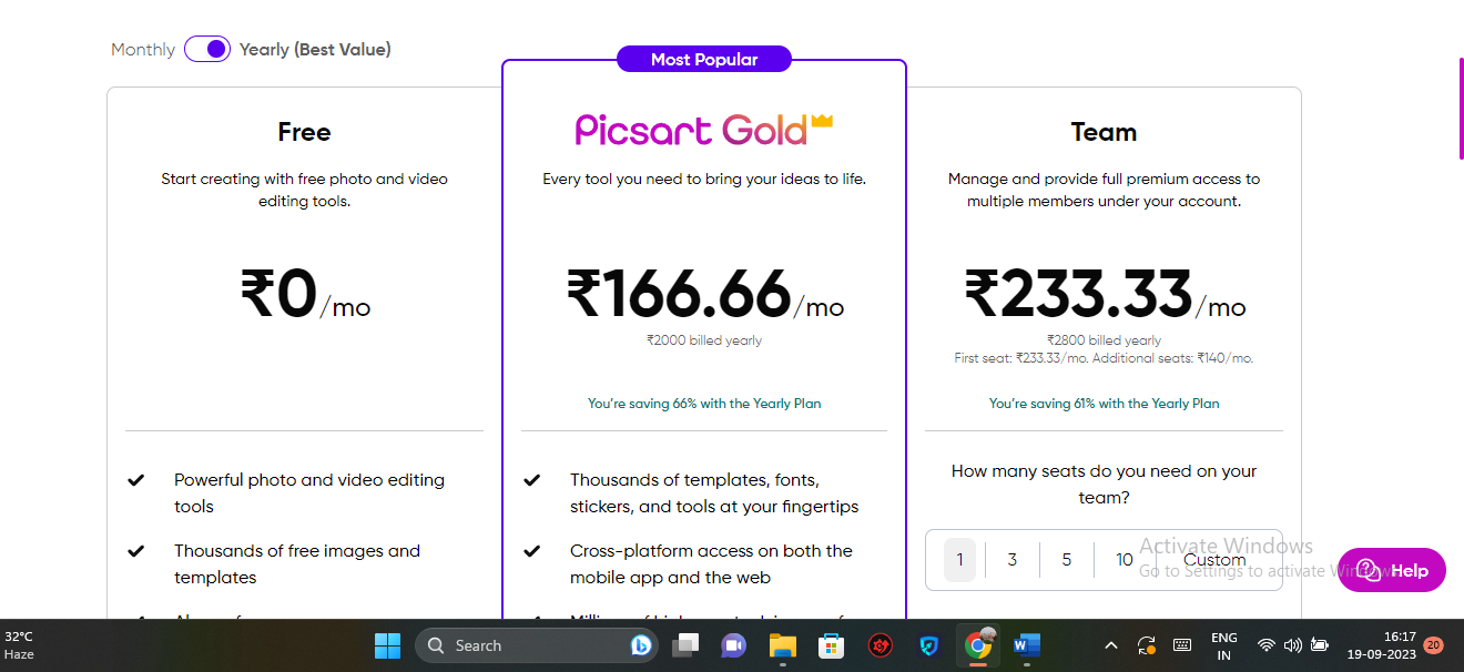 Pricing for PicsArt AI Image